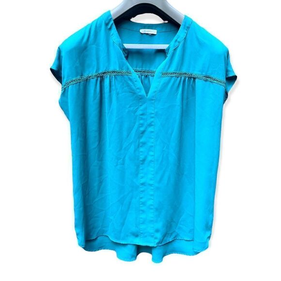 PLEIONE LADDER STITCHING BOXY FIT SHORT SLEEVE BLOUSE TOP KELLY GREEN MEDIUM - Picture 1 of 8